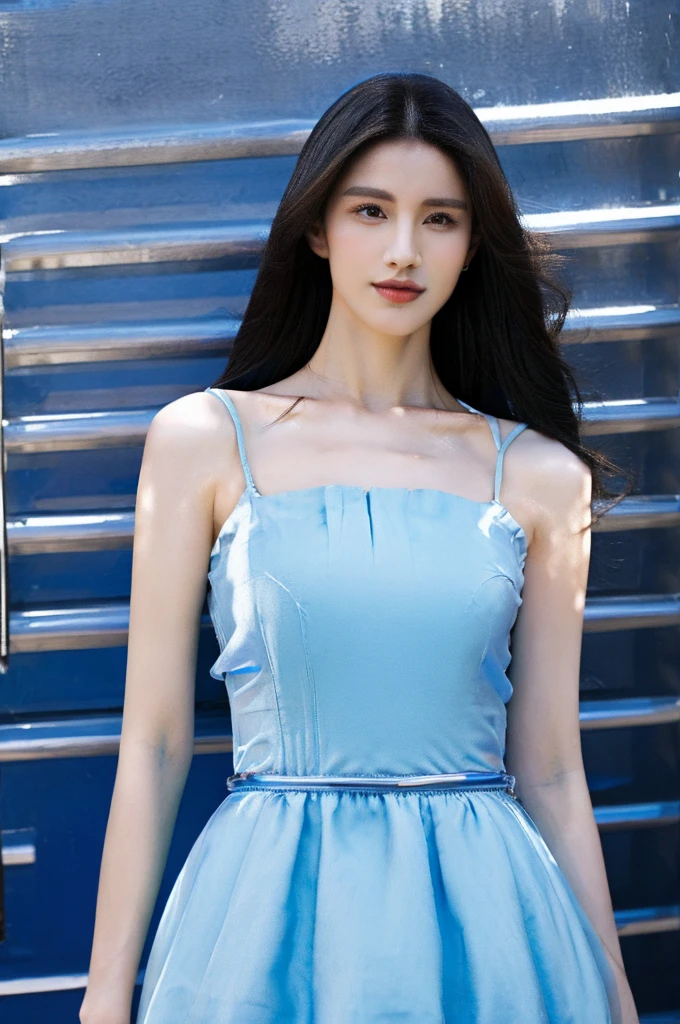 girl with a perfect figure and blue designer dress,long hair, high contrast (Natural skin texture, Hyperrealism, Soft Ligh, sharp)