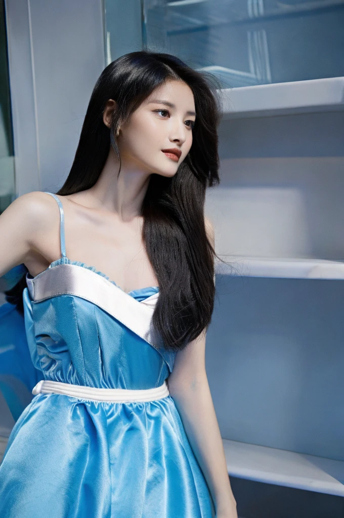 girl with a perfect figure and blue designer dress,long hair, high contrast (Natural skin texture, Hyperrealism, Soft Ligh, sharp)