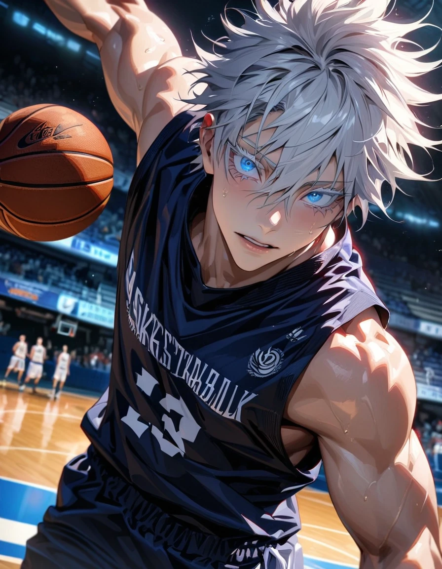 absurdres, highres, ultra detailed, HDR, masterpiece, extremely detailed face and eyes, Gojo Satoru, white hair with bangs, hair between the eyes, expressive blue eyes, white eyelashes, Jujutsu Kaisen, solo, y man, handsome, basketball uniform, basketball, basketball court background, audience cheering