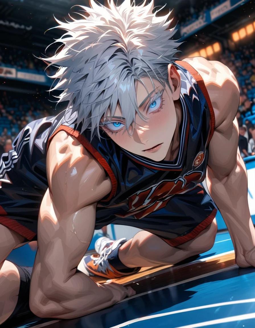 absurdres, highres, ultra detailed, HDR, masterpiece, extremely detailed face and eyes, Gojo Satoru, white hair with bangs, hair between the eyes, expressive blue eyes, white eyelashes, Jujutsu Kaisen, solo, sexy man, handsome, basketball uniform, basketball, basketball court,