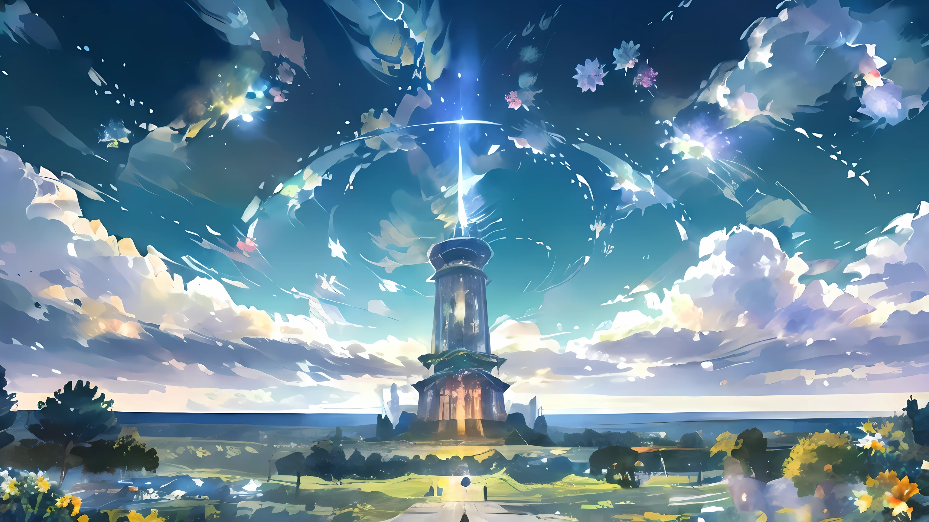 work of art, conceptual artwork, panorama, At the center, figure, Wide Plan, flowers garden, natta, (Meteors), Background with Aion Tower of Eternity, (magnificent composition, Epic Proportions), dynamic lighting, shiny colors, blue, green and white landscape, 4 heroes At the center