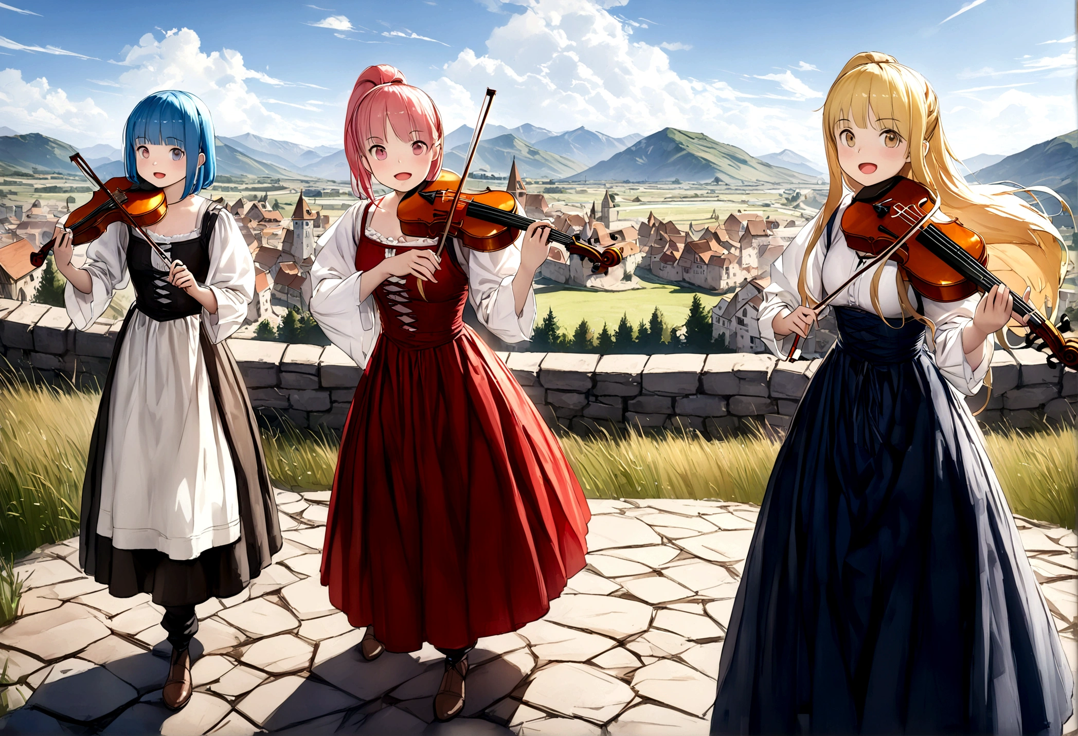 (((Top quality, 4k, 8k, high resolution, masterpiece: 1.2))), (super detailed), (realistic), (photorealistic), (photorealistic: 1.37), (HDR, UHD), (studio (lighting)), ultra-fine drawing, sharp focus, physically based rendering, highly detailed, professional, vibrant colors, perfect ditaile hand, highly detailed realistic eyes, girl, one girl, multiple girls, A lot of girls, smile, open mouth, close mouth, short hair, medium hair, medium length, long hair, ponytail, red hair, blue hair, blonde hair, green hair, pink hair, medieval European clothing, Citizen's Clothing from Medieval Europe, miniskirt, mid-length skirt, long skirt, chinos pants, (((playing the lute))), (((playing the violin))), (((Girls playing guitar))), (((playing the flute))), (((playing the drums))), Medieval European town, Countryside, Medieval European rural village, Rural grassland, Mountain view, Rural river, Irrigation canal, anime, cartoon, kawaii, qute, (((Long shot, Panorama, Distant view, Vast landscape))), knees, feet, looking at viewer,