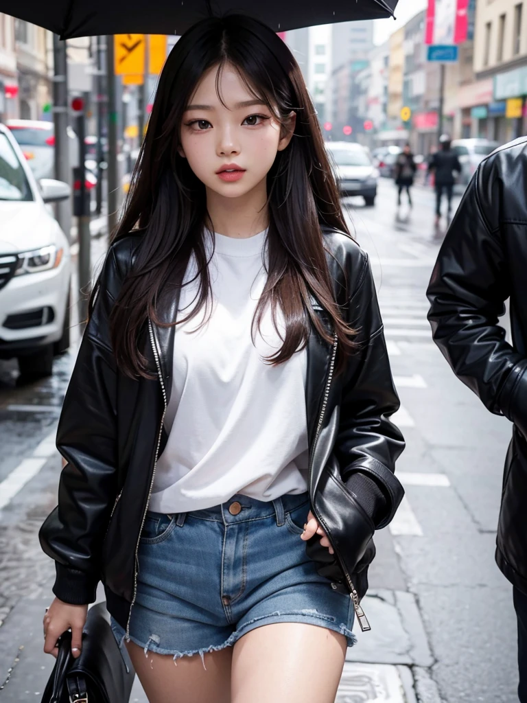 (Jennie Kim), the iconic BLACKPINK rapper and singer, with swollen lips, thick and fleshy, sparkles of your lip gloss, is in Seoul on a rainy day. Despite the downpour, she radiates confidence and style as she walks through the city&#39;s busy streets. Her black trench coat matches perfectly with her transparent umbrella., creating a sleek, modern silhouette. Her black hair is wet and stuck to her face, but this only serves to enhance your natural beauty. A faint smile plays on his lips, as she observes the world around her with an air of mystery. City lights flicker and reflect in puddles of water, creating a vibrant and lively urban setting. Foco nos lábios carnudos, foco no rosto, foco na roupa.