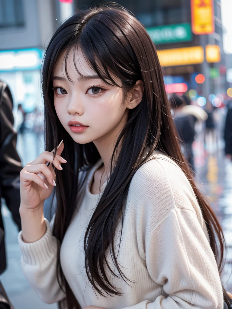 (Jennie Kim), the iconic BLACKPINK rapper and singer, with swollen lips, thick and fleshy, sparkles of your lip gloss, is in Seoul on a rainy day. Despite the downpour, she radiates confidence and style as she walks through the city's busy streets. Her black trench coat matches perfectly with her transparent umbrella., creating a sleek, modern silhouette. Her black hair is wet and stuck to her face, but this only serves to enhance your natural beauty. A faint smile plays on his lips, as she observes the world around her with an air of mystery. City lights flicker and reflect in puddles of water, creating a vibrant and lively urban setting. Foco nos lábios carnudos, foco no rosto, foco na roupa.