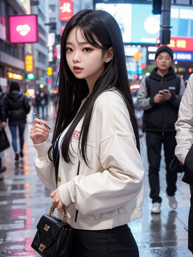 (Jennie Kim), the iconic BLACKPINK rapper and singer, with swollen lips, thick and fleshy, sparkles of your lip gloss, is in Seoul on a rainy day. Despite the downpour, she radiates confidence and style as she walks through the city's busy streets. Her black trench coat matches perfectly with her transparent umbrella., creating a sleek, modern silhouette. Her black hair is wet and stuck to her face, but this only serves to enhance your natural beauty. A faint smile plays on his lips, as she observes the world around her with an air of mystery. City lights flicker and reflect in puddles of water, creating a vibrant and lively urban setting. Foco nos lábios carnudos, foco no rosto, foco na roupa.