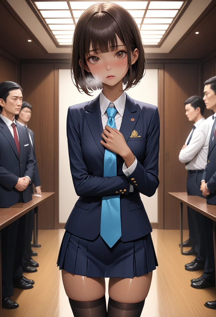 (masterpiece,Highest quality:1.3,best quality illustration),realistic,cowboy shot,1woman,独奏,30 year old Japanese beauty,((very small head:1.4)),short bob hair,brown hair,bangs,brown eyes,gorgeous eyes,shy,tearss,Heavy breathing,((Dark blue blazer jacket、White collared shirt、Blue tie、Navy blue mini skirt、black thighhighs)),Naval Officer Uniform,small breasts,((very long body:1.4,tan skin:1.3)),(toned body,slender body,skinny),gleaming skin,shiny skin,sweat:1.4,standing,conference room、Naval Base、