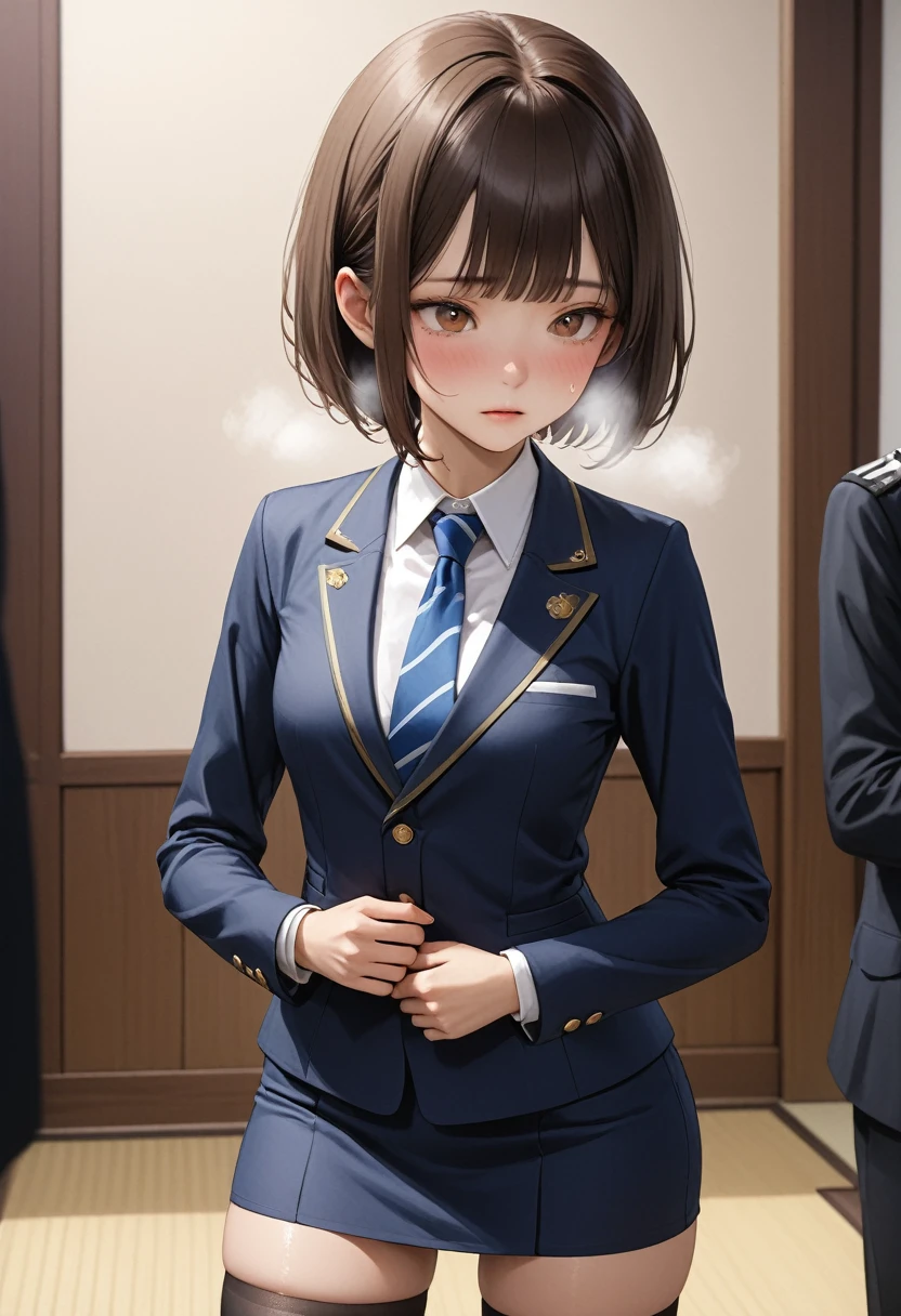 (masterpiece,Highest quality:1.3,best quality illustration),realistic,cowboy shot,1woman,30 year old Japanese beauty,((very small head:1.4)),short bob hair,brown hair,bangs,brown eyes,gorgeous eyes,shy,Heavy breathing,((Dark blue blazer jacket、White Shirt、Blue tie、Navy blue mini skirt、black thighhighs)),Naval Officer Uniform,small breasts,((very long body:1.4,tan skin:1.3)),(toned body,slender body,skinny),gleaming skin,shiny skin,(Dripping love juice:1.5),standing,conference room、Naval Base、