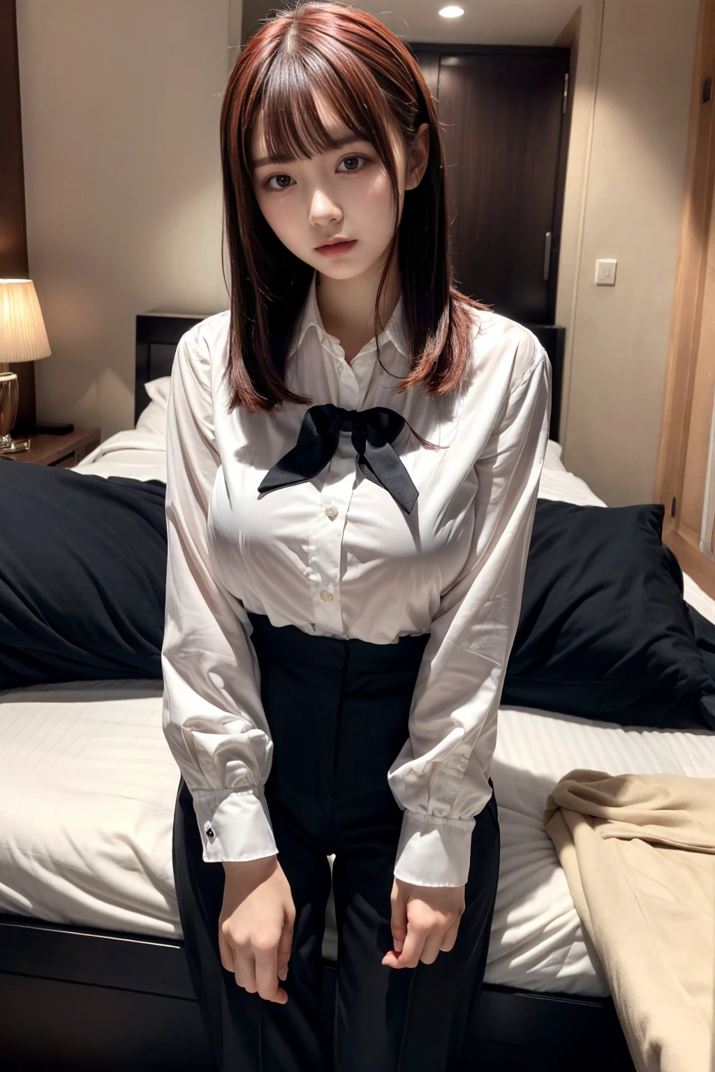 Highest quality、Ultra-high resolution、Professional Lighting、Detailed Background、hotel room、full body,Kobeni-chan、crying a little、25-year-old woman、beautiful girl、(Kobeni-chan、Jet black hair, Black Hair, bangs, One-sided hair,)、(Red Hair Clip:1.1)、(White shirt:1.2)+(Black tie:1.2)+(black long pants for work:1.2)、(Huge breasts that look like they might burst:1.2)、(Big thighs:1.1)、Are standing、Model pose