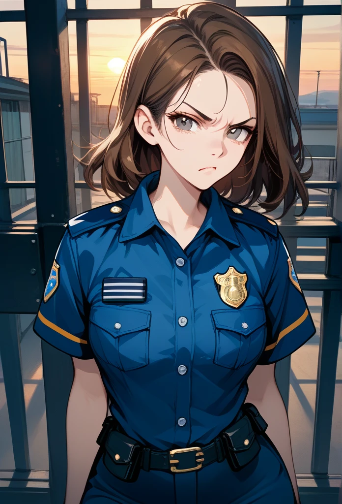 masterpiece, best quality, sunset, cowboy shot, mature woman, bob hairstyle, brunette hair, mature face, hot face, sharp eyes, medium breasts, curvy body, hazel eyes, police outfit, looking at viewer, very close to viewer, face to face, tough appearance, in prison, (looking serious), intimidating face, glaring eyes