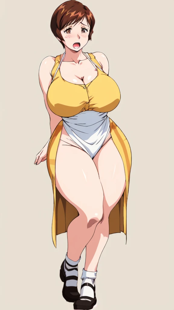 masterpiece, highest quality, High resolution, One girl, solo, sexual intercourse, Pornographic images, short hair, etsukoto, brown Eyes, fine grain, fine grain, (((Thick thighs, Plump thighs, Voluptuous thighs, Thighs alone are enough))), Huge and ample breasts, Cleavage, big long breasts, Naughty big,((big breasts are important))、((Naughty thighs)), L Cup, (thin:1.4),(Tight waist:1.4), (yellow micro dress:1.4), ((white waist apron)), anguish, open mouth, blush, white panties, (((Simple Background))), ((Wide Hips)), Shiny, Oily skin, Mature mother, Calf, Seductive mature woman, milf, Perfect body, Plus Size Model, curvy, ample, etsukoto, blush, clavicle, retro artstyle, 1990s (style), (thick thighs:1.4), Bare legs, ((arms behind back)), (from side:0.7), full body,