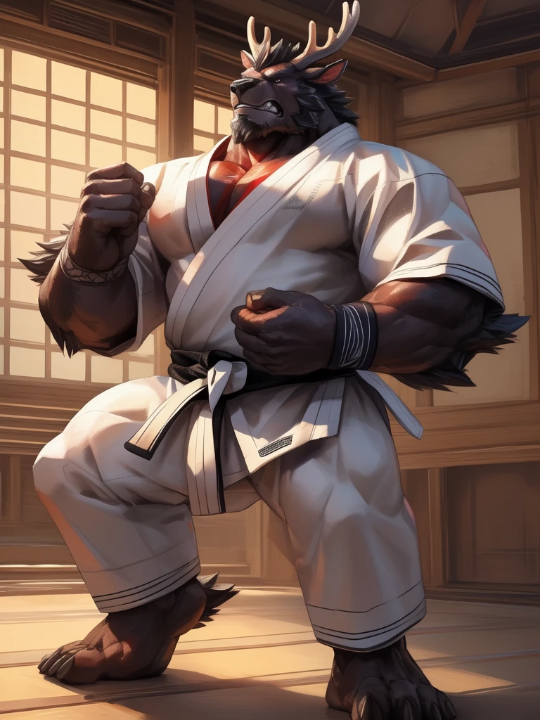 lindong, lucusold, lanxus, a man with a huge muscle, furry deer wearing ((karate uniform:1.2)), dojo, ((muscular, sixpack)), angry, bearded , thicc, lowres, giant and muscular, danbooru and artstation, heavy detailed, insanely inflated hips, proportionally arms, commission for high res, detailed but rough, semirealistic:1.3