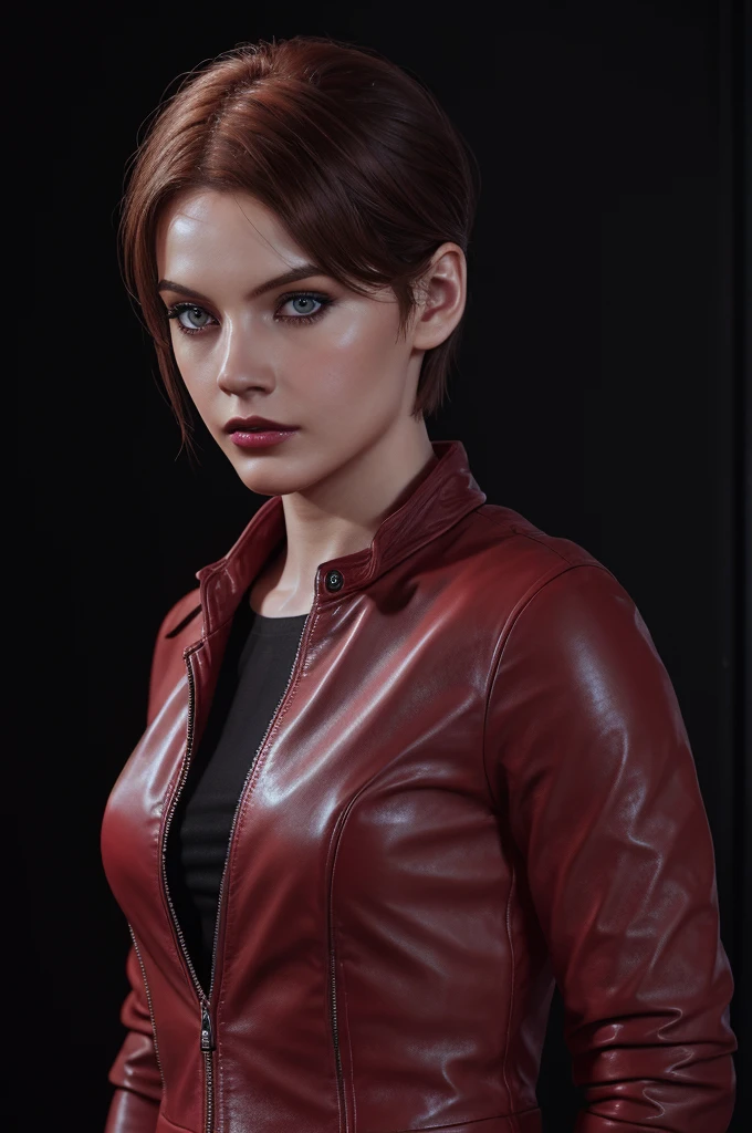 woman with short hair ,Auburn hair, pale,soft body,eyeliner,portrait, beautiful woman, beautiful female ,beautiful classy woman ,eyeliner,wonderful highly detailed masterpiece, elegant, digital painting, smooth, dramatic lighting, ultra realistic, 8k, art , blur backgrond, black background ,black background,black wallpaper,wearing red leather jacket