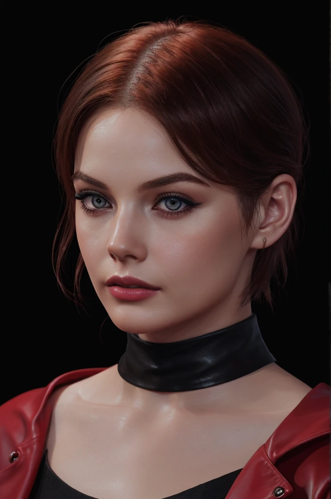 woman with short hair ,Auburn hair, pale,soft body,eyeliner,portrait, beautiful woman, beautiful female ,beautiful classy woman ,eyeliner,wonderful highly detailed masterpiece, elegant, digital painting, smooth, dramatic lighting, ultra realistic, 8k, art , blur backgrond, black background ,black background,black wallpaper,wearing red leather jacket