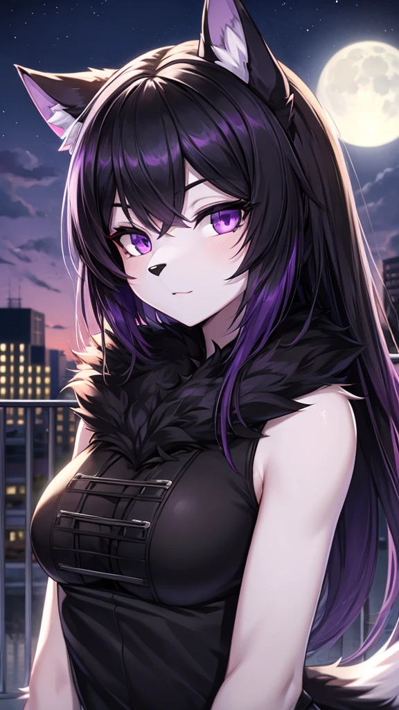 furry,black fur,bright black hair, purple tips, Wolf, Girl, purple eyes, black fur, moonlight
