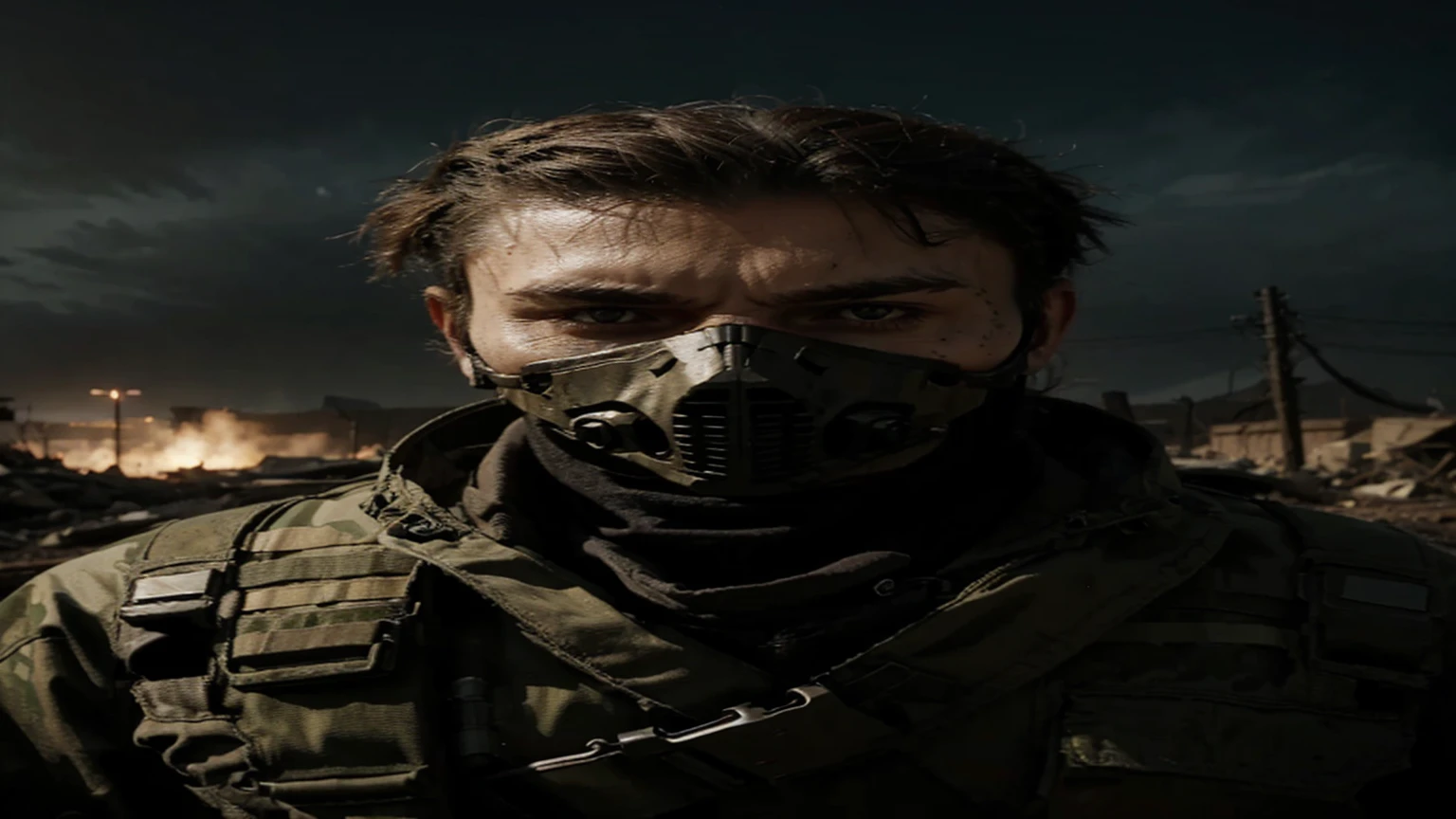 skull soldier in a post-apocalyptic scenario,Russian soldier, Slavic appearance