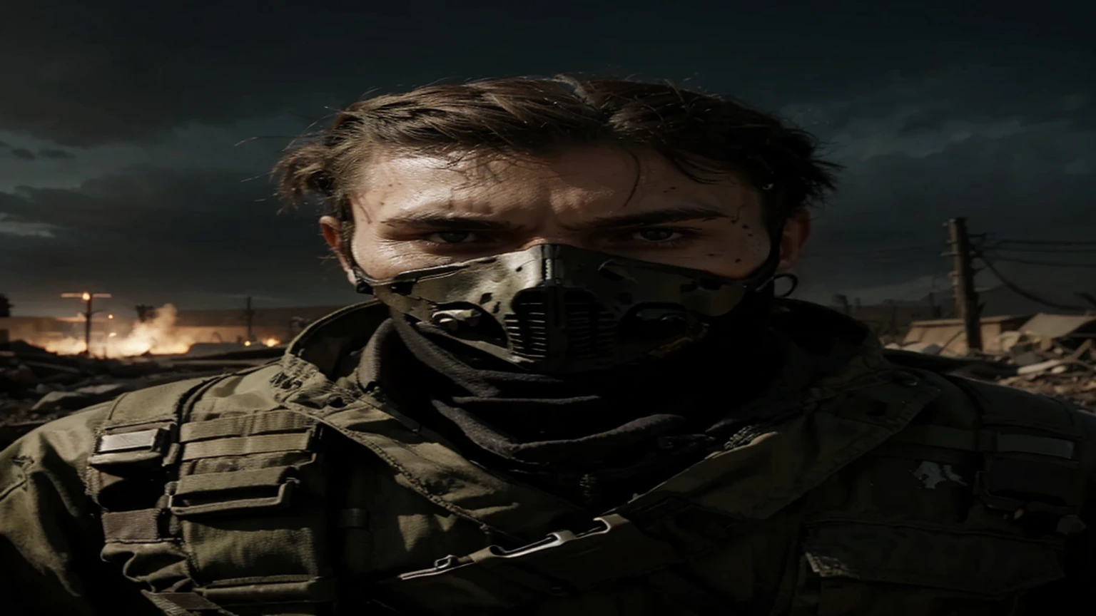 skull soldier in a post-apocalyptic scenario,Russian soldier, Slavic appearance