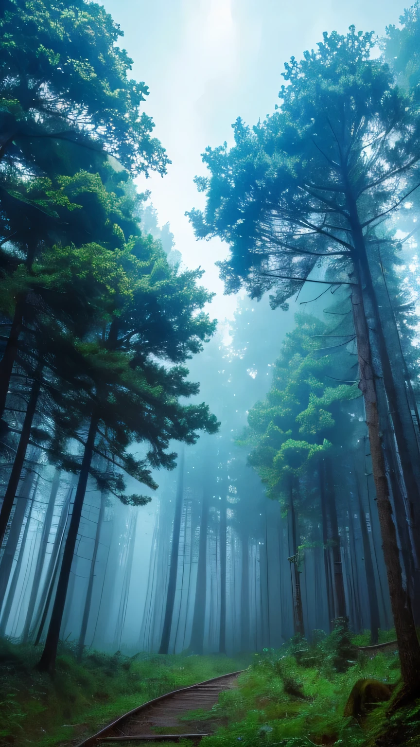 When it rains in the forest, the sky takes on a mysterious color.
Looking up at the sky from inside the forest.
This is a realistic image.