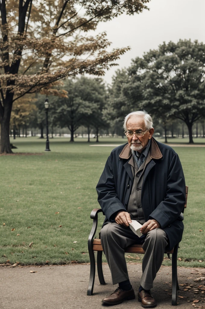 An old man waiting on a gray day in a park 