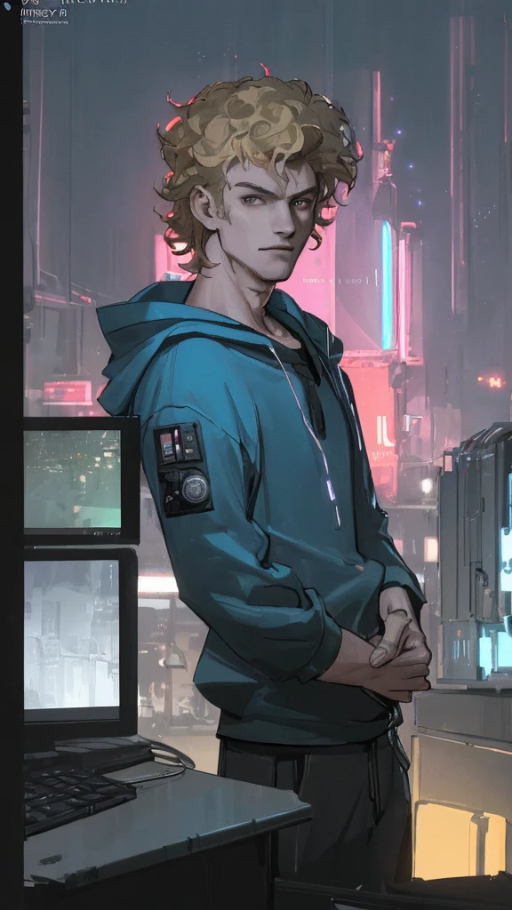 a hacker late teenager boy, cyberpunk, young boy, sexy, blonde hair, blue hoodie, detailed face, sharp eyes, beautiful boy, pretty face, sexy, curly hair, smirk, glowing computer screens, neon city lights, futuristic technology, moody lighting, cinematic atmosphere, dark colors, gritty urban environment, realistic 3D render, (best quality,4k,8k,highres,masterpiece:1.2),ultra-detailed,(realistic,photorealistic,photo-realistic:1.37)
