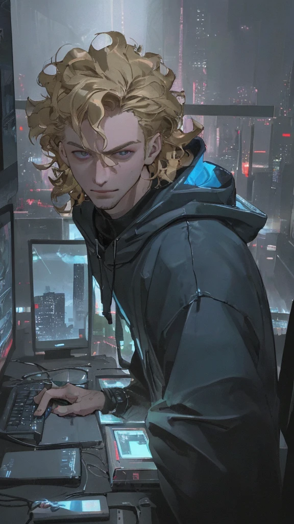 a hacker late teenager boy, cyberpunk, young boy, sexy, blonde hair, blue hoodie, detailed face, sharp eyes, beautiful boy, pretty face, sexy, curly hair, smirk, glowing computer screens, neon city lights, futuristic technology, moody lighting, cinematic atmosphere, dark colors, gritty urban environment, realistic 3D render, (best quality,4k,8k,highres,masterpiece:1.2),ultra-detailed,(realistic,photorealistic,photo-realistic:1.37)
