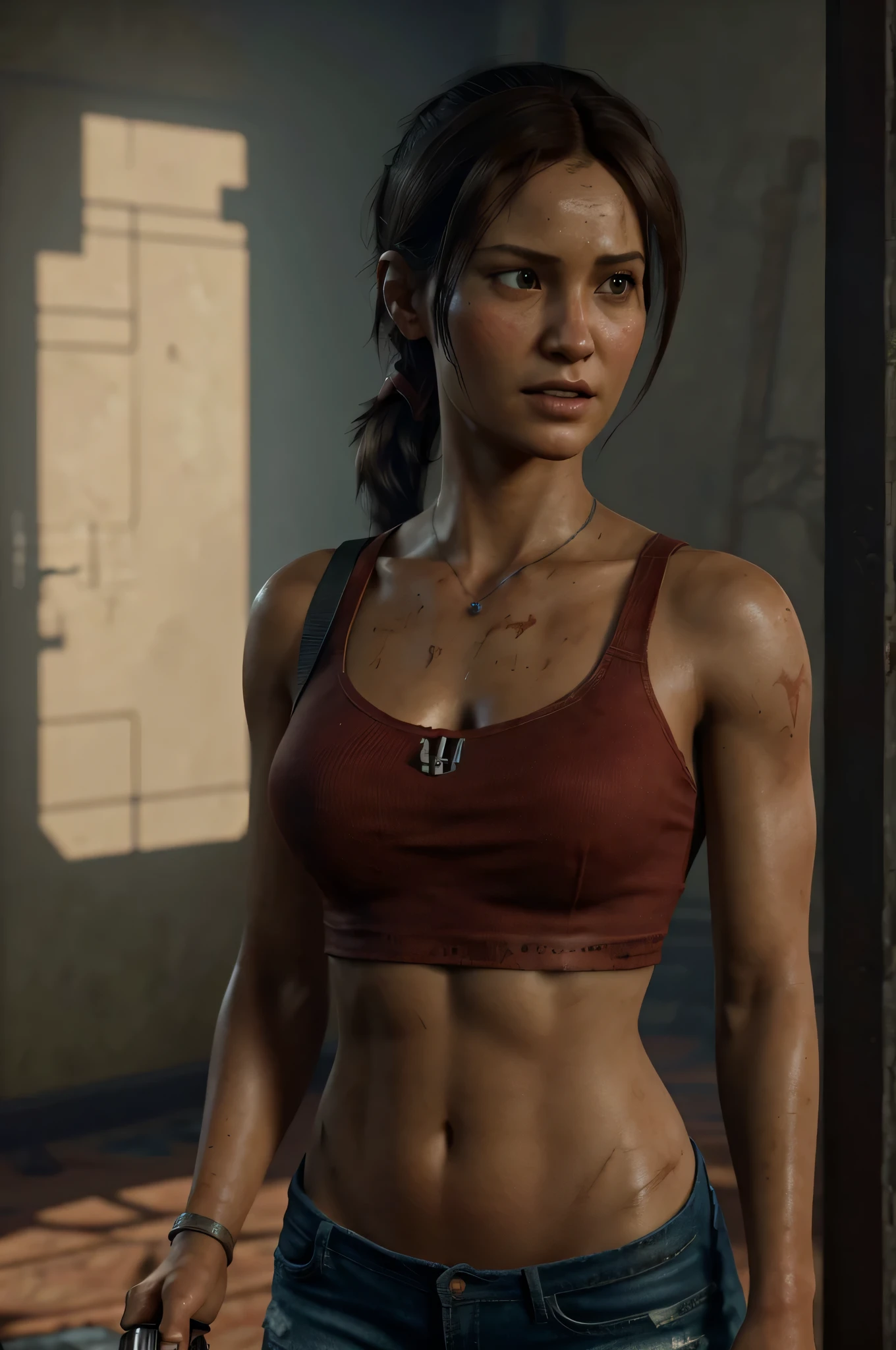 a close up of a female wearing red top holding a key in a room, render naughty dog, video game uncharted, uncharted 4, gameplay footage, video game, uncharted 4: a thief's end, solo female character, ps 4 in - game cinematic, next-gen graphics, chell, lara croft eating durian, 2020video game