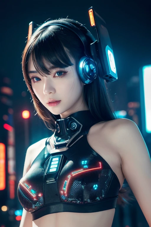 beautiful cyberpunk girl wearing a Futuristic head mounted display, (Detailed skin), Pale skin, (in a deep neckline highly detailed sexy Futuristic cyberpunk black crop top and underpants made of circuit boards, cybernetics, Japanese words with flare effect, A beautiful epic composition, Futuristic, masterpiece, Sensual, Charm, Pose for a photo