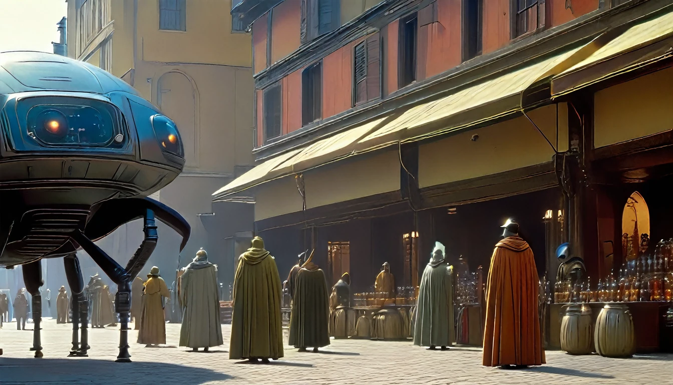 In portrait, characters inspired by the Start Wars universe by Ralph McQuarrie and Dan McPharlin, Wayne Barlowe in a Middle Ages setting, such as peoples interacting with robots, exotic alien beings, inspired by Hieronymus Bosch and Shaun Tan. Directed by George Lucas. ((cinematic film)), ultra detailed, complex, sharp focus, object texture, studio photo, intricate details, highly detailed, Real Photo style, hyper-realistic, high dynamic range, rich colors, realistic textures, 8K uhd , high color depth, Nikon D 850 |, Kodak 400 port, fujifilm XT