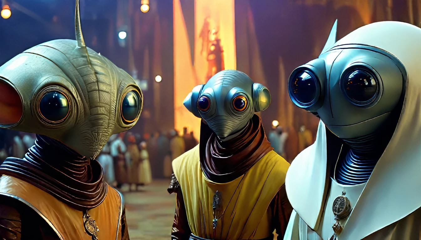 In portrait, characters inspired by the Start Wars universe by Ralph McQuarrie and Dan McPharlin, Wayne Barlowe in a Middle Ages setting, such as peoples interacting with robots, exotic alien beings, inspired by Hieronymus Bosch and Shaun Tan. Directed by George Lucas. ((cinematic film)), ultra detailed, complex, sharp focus, object texture, studio photo, intricate details, highly detailed, Real Photo style, hyper-realistic, high dynamic range, rich colors, realistic textures, 8K uhd , high color depth, Nikon D 850 |, Kodak 400 port, fujifilm XT