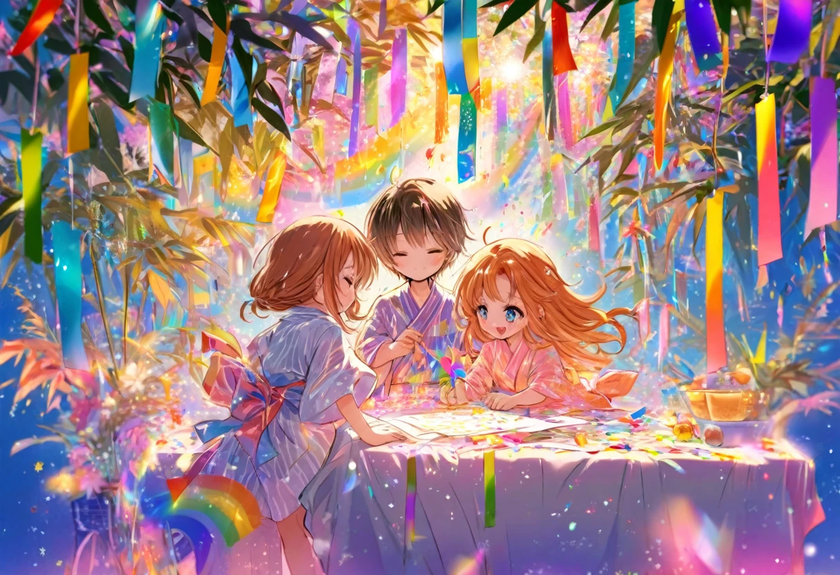 大きな花を見つめるTwo people, Two people, Tanabata, Paper, Bamboo Leaves, wishes on Paper, Grilling in a yukata, fluid, Particles of light, dream-like, Sparkling, dream-like shine, Drops of paint, Oil , strong stroke, Paint Drop, splash Paint Drop, Oil, (Abstract: 1.2) Consists of girls (Tanabata light tracing: 1.25), (Change to synchrotron radiation tracing) Style Tanabata summer festival, Orihime, fair, Summer festival, Rainbow colors, 16K, Ultra-high resolution, to be born, wonderful, future, Rainbow colors, The world 30 years from now.