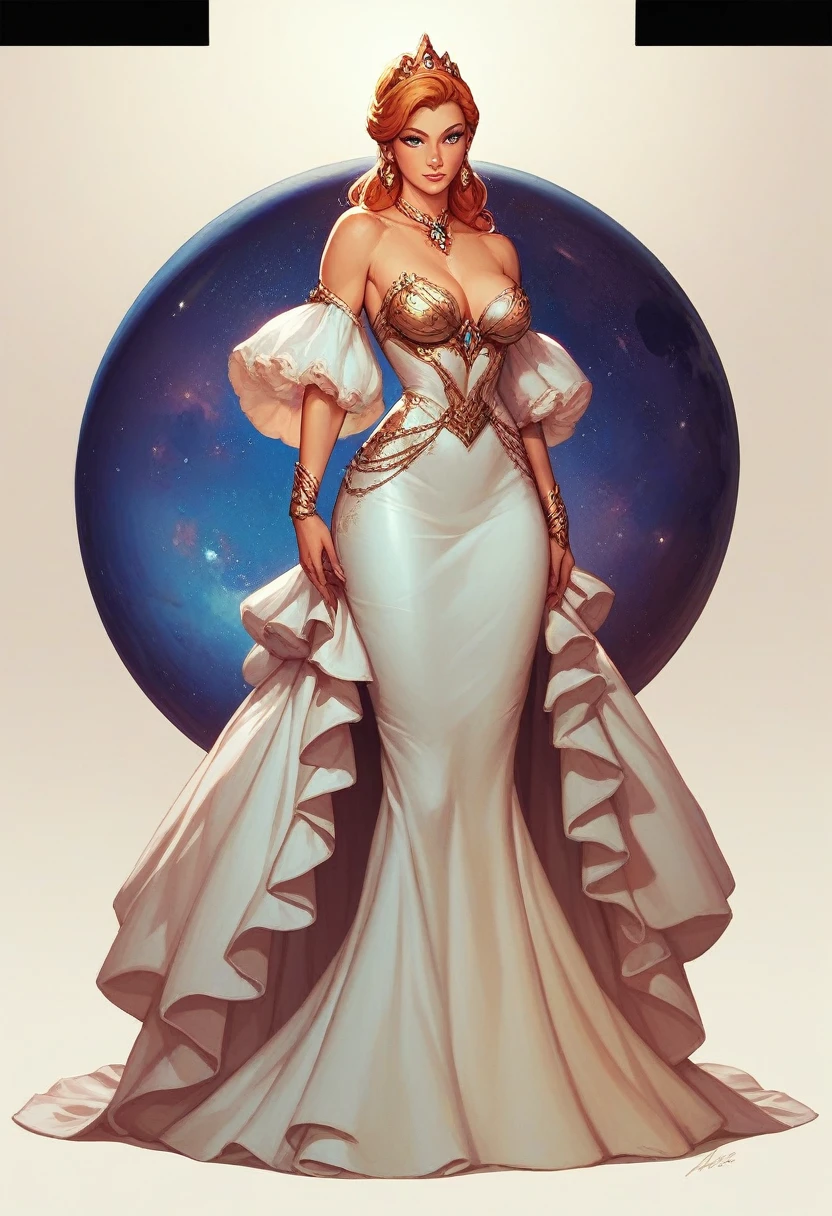 Beautiful girl, princess of space in amazing space  dress standing ( full body)
