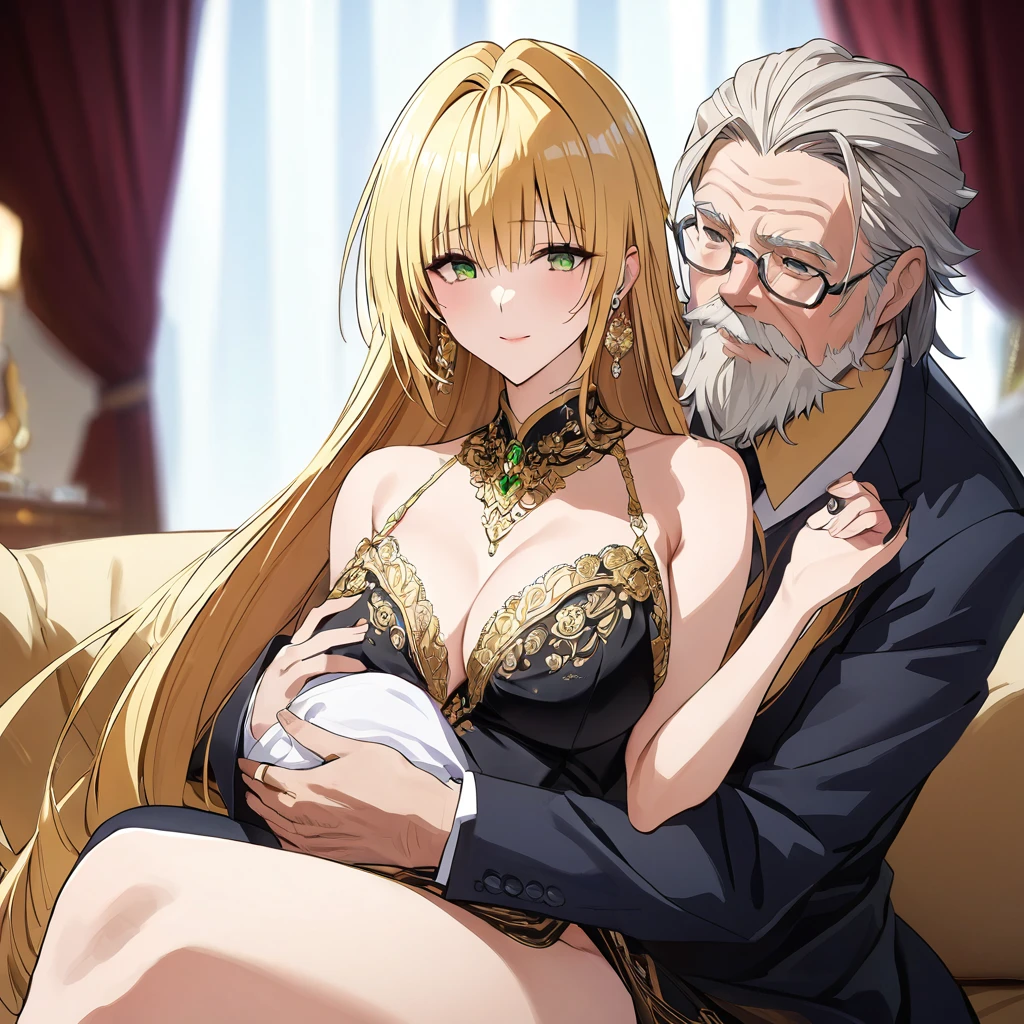 ((Highest quality)), ((masterpiece)), (detailed), (Perfect Face)、The woman is a thief with green eyes, medium-long blonde hair, and is wearing a luxurious dress with gold embroidery and trim, jeweled earrings, and an engagement ring.、The woman is sitting close to the man on a luxurious sofa in a luxurious room, the couple sitting side by side、The man is a dignified, bearded old man, extremely wealthy, wearing an expensive suit with lavish gold embroidery and trim, and wearing an engagement ring.、The woman is holding her baby daughter