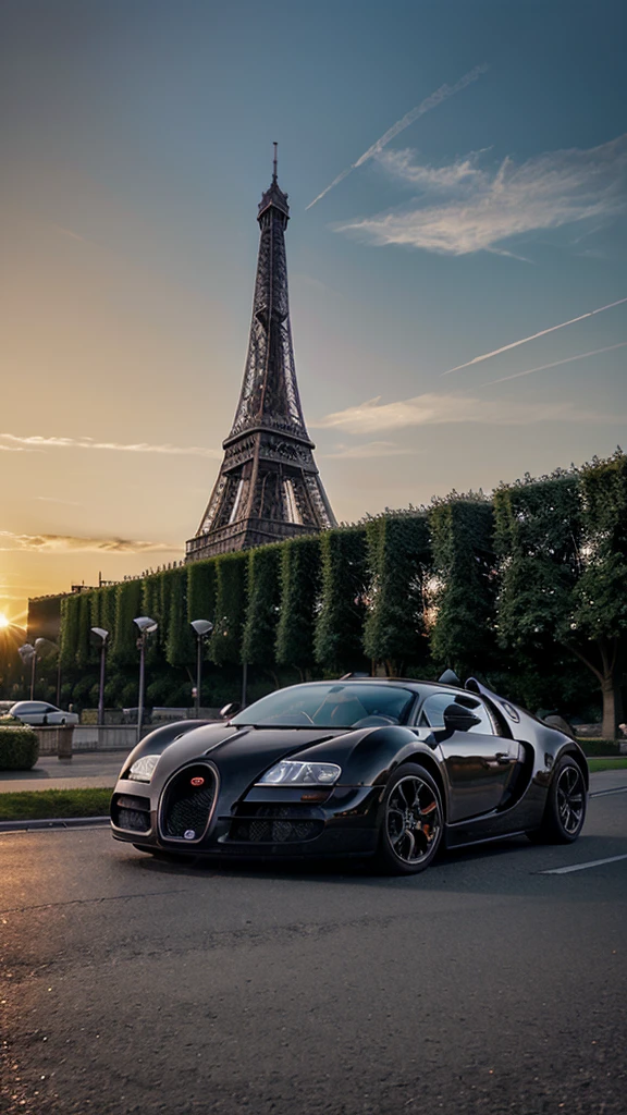 automobile, Bugatti veyron original, in front of the eiffel tower, realisitic, At the sunset, with some buildings in the background, and a blurry sky.