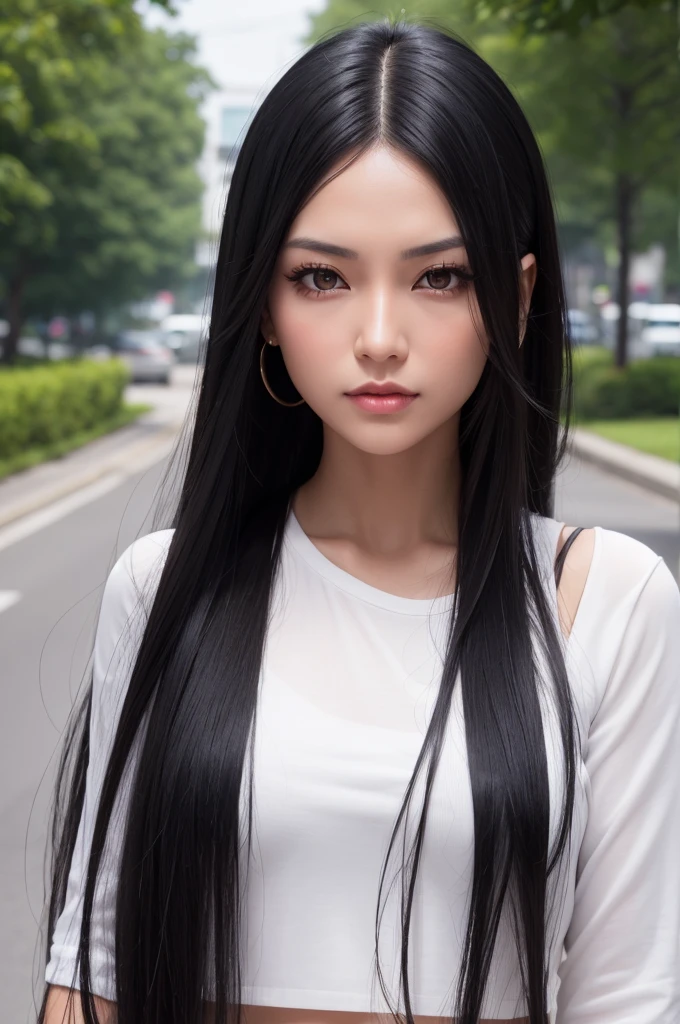 Create a woman with long black hair, tanned white woman with slanted eyes.