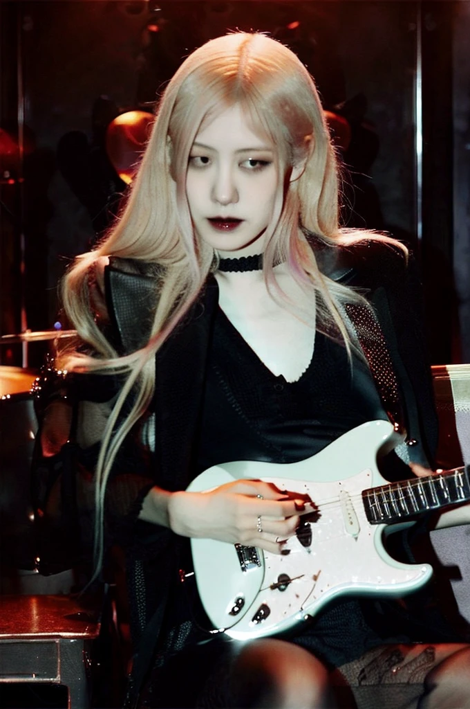 Vampire girl, cool, blonde hair, guitar on the background, dark vibe, beautiful detailed