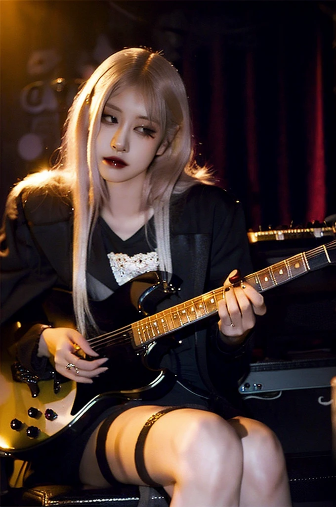 Vampire girl, cool, blonde hair, guitar in the background, dark vibe