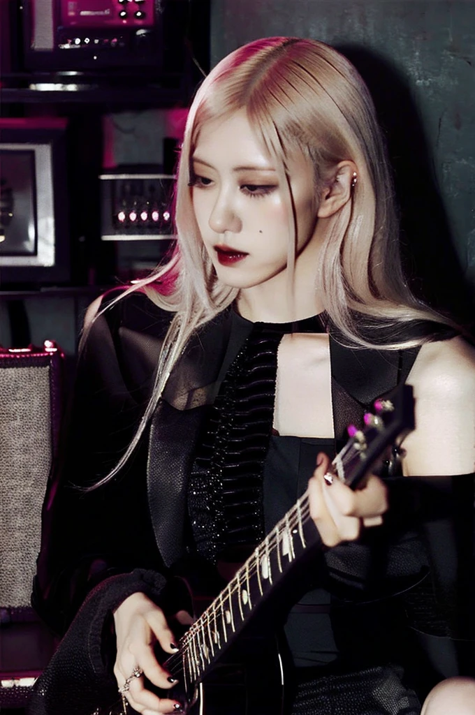 Vampire girl, cool, blonde hair, guitar on the background, dark vibe, beautiful detailed