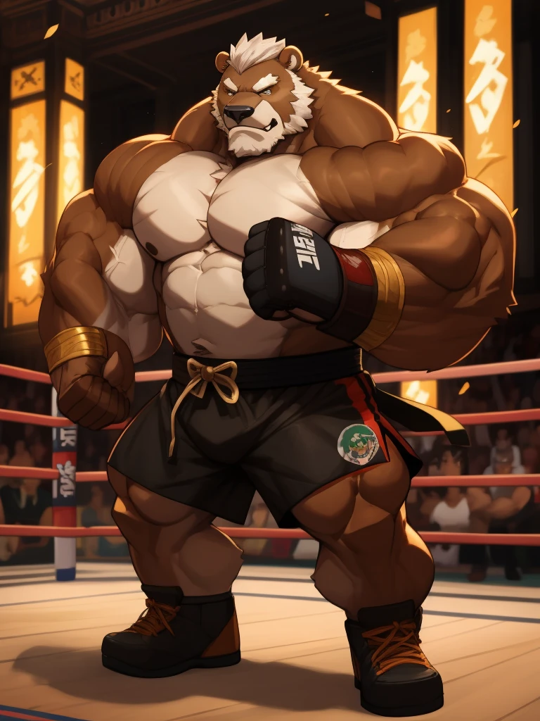 solo, 1boy, Huge Muscular Old Grizzly Bear wearing kickboxing MMA belt , thick pectoral, thick arms, huge pectoral, wide pectoral, hige brown fur, short white hair, Kickboxing MMA shorts, kickboxing MMA gloves, Kickboxing MMA Footwear and shirtless, bearded, Kickboxing Martial Arts Cage Tournament background, masterpiece, semirealistic:1.2, high detailed, 8k, high resolution