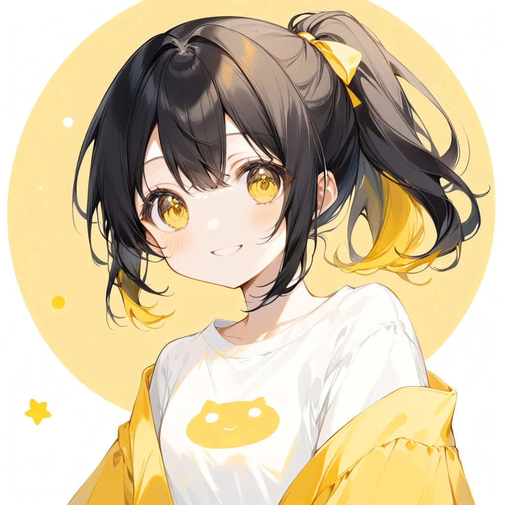 cute、girl、Yellow Eyes、Round eyes、Black hair with yellow tips、ponytail、White T-shirt、Only the mouth is smiling