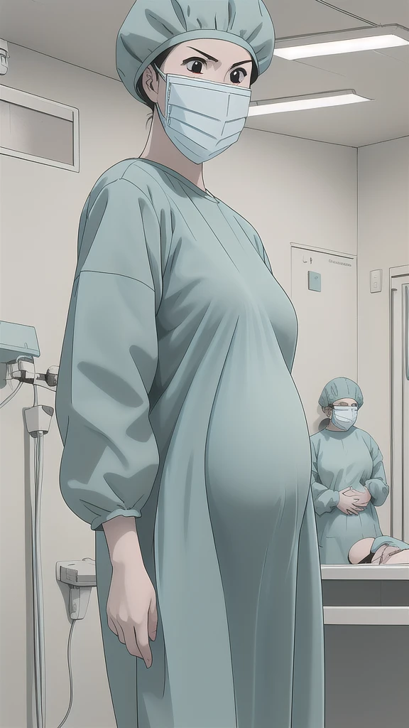 masterpiece, highest quality, source_anime, the view is turned slightly to the side, upper body, (RAW photo, best quality), 1girl, long hair, frown, pale skin, worried eyes big breasts, big tits, pregnant, stand, natural lighting, solo, hospital, in the operating room, operating room background, 
ray kasugano, pregnant with big belly, (give a score of 9_give a score of 8_give a score of 7) long sleeve Surgical dress, bouffant cap, cover the ears, surgical mask, long surgical gloves, the picture tells the story of a pregnant woman who has abdominal pain close to giving birth,