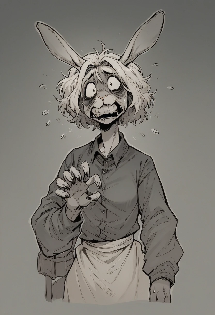 Anthro rabbit, afraid, nightmare, fear, anxiety, horror darkness, hare, in the style of macabre 