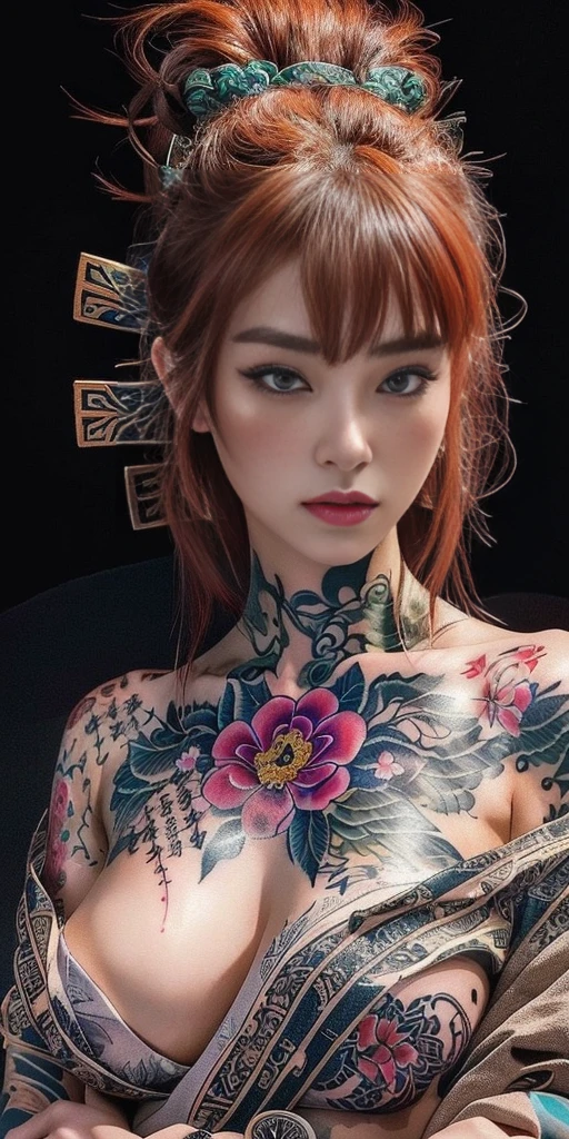 Close-up of a woman with a tattoo on her chest, of Taiwanese girls with tattoos, beautiful realistic upper body, anime characters; Whole body art, Slim Yakuza Girl, Asian hyperdate, realistic. Cheng Yi, Beautiful and detailed, both body and face, By Ren Yong, By Yang J, โดย Oliver Sin, hyper realistic anime, ink, Chinese girl, Oriental tattoos