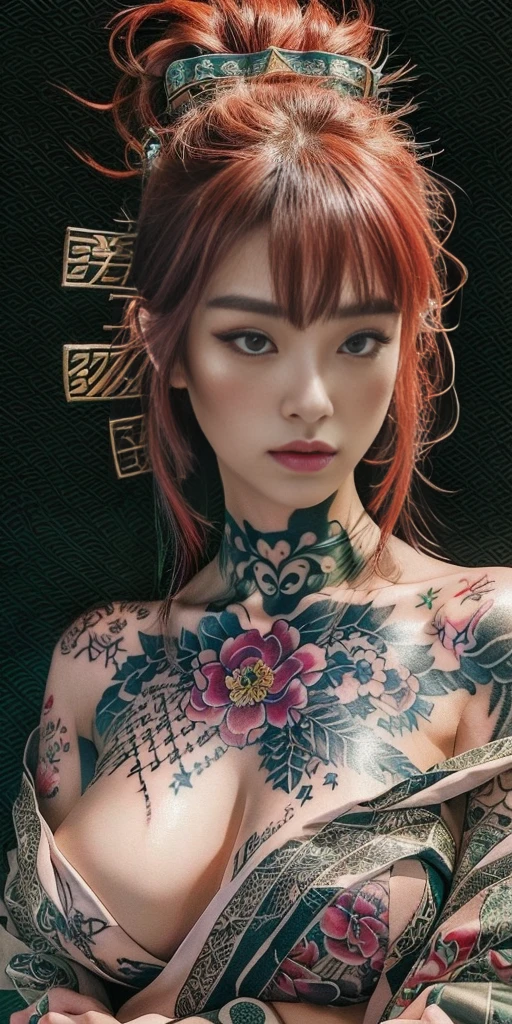 Close-up of a woman with a tattoo on her chest, of Taiwanese girls with tattoos, beautiful realistic upper body, anime characters; Whole body art, Slim Yakuza Girl, Asian hyperdate, realistic. Cheng Yi, Beautiful and detailed, both body and face, By Ren Yong, By Yang J, โดย Oliver Sin, hyper realistic anime, ink, Chinese girl, Oriental tattoos