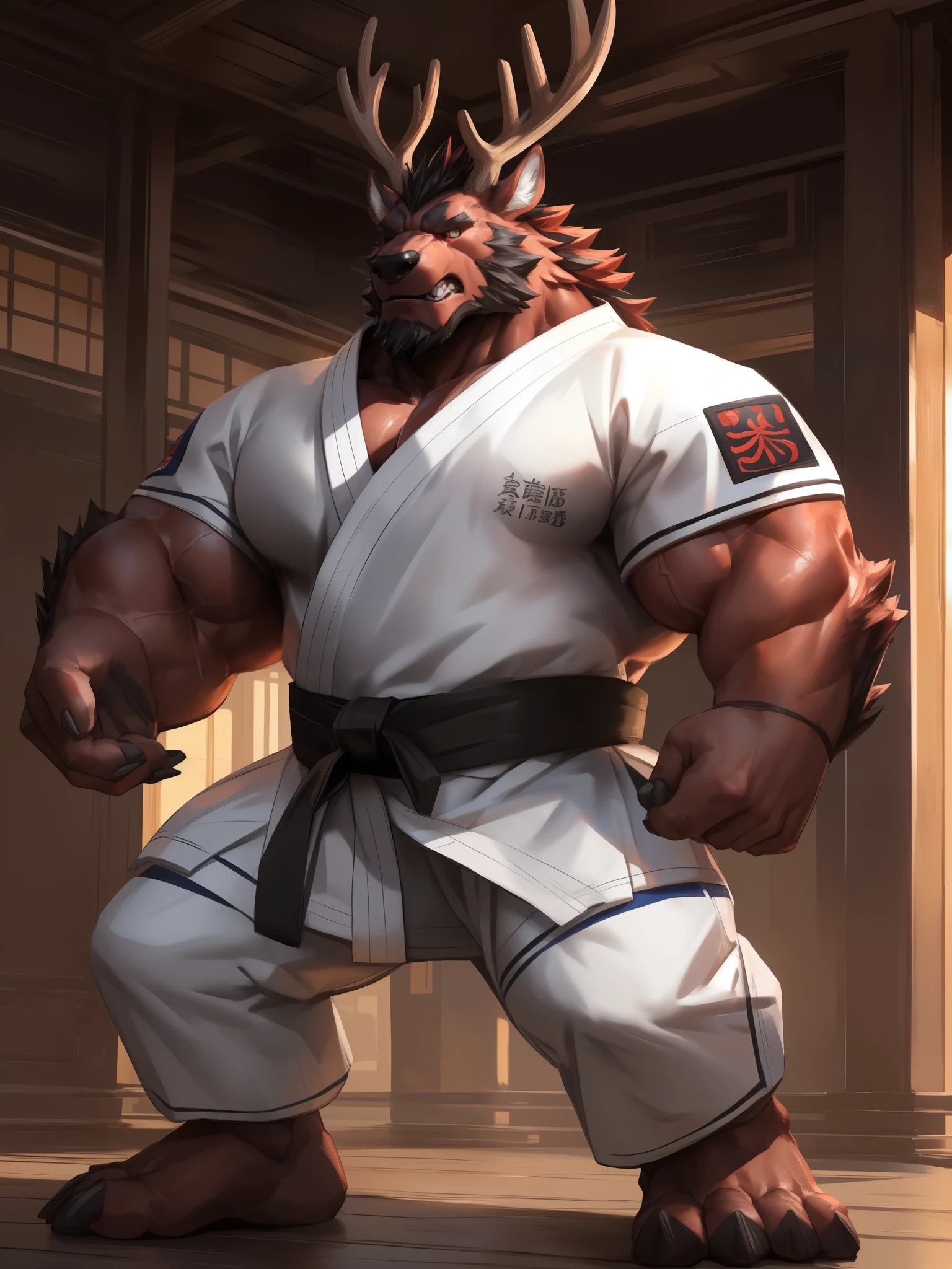 lindong, lucusold, lanxus, a man with a huge muscle, furry deer wearing ((karate uniform:1.2)), dojo, ((muscular, sixpack)), angry, bearded , thicc, lowres, giant and muscular, danbooru and artstation, heavy detailed, insanely inflated hips, proportionally arms, commission for high res, detailed but rough, semirealistic:1.3
