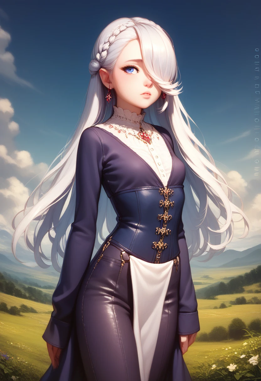 elegant fantasy portrait of a gnome girl, detailed skin and cloth textures, beautiful detailed face, intricate details, extremely detailed, 1girl, pale skin, short stature, very long silver hair that curls at the ends, small breasts, pouty lips, dynamic pose with hair covering one eye,  bright blue anime-style eyes with long lashes, shy personality, wearing a leather corset, white puffy-sleeved shirt, and poufy cloth pants tucked into boots, windy fantasy landscape, best quality, 8k, masterpiece, dungeons and dragons