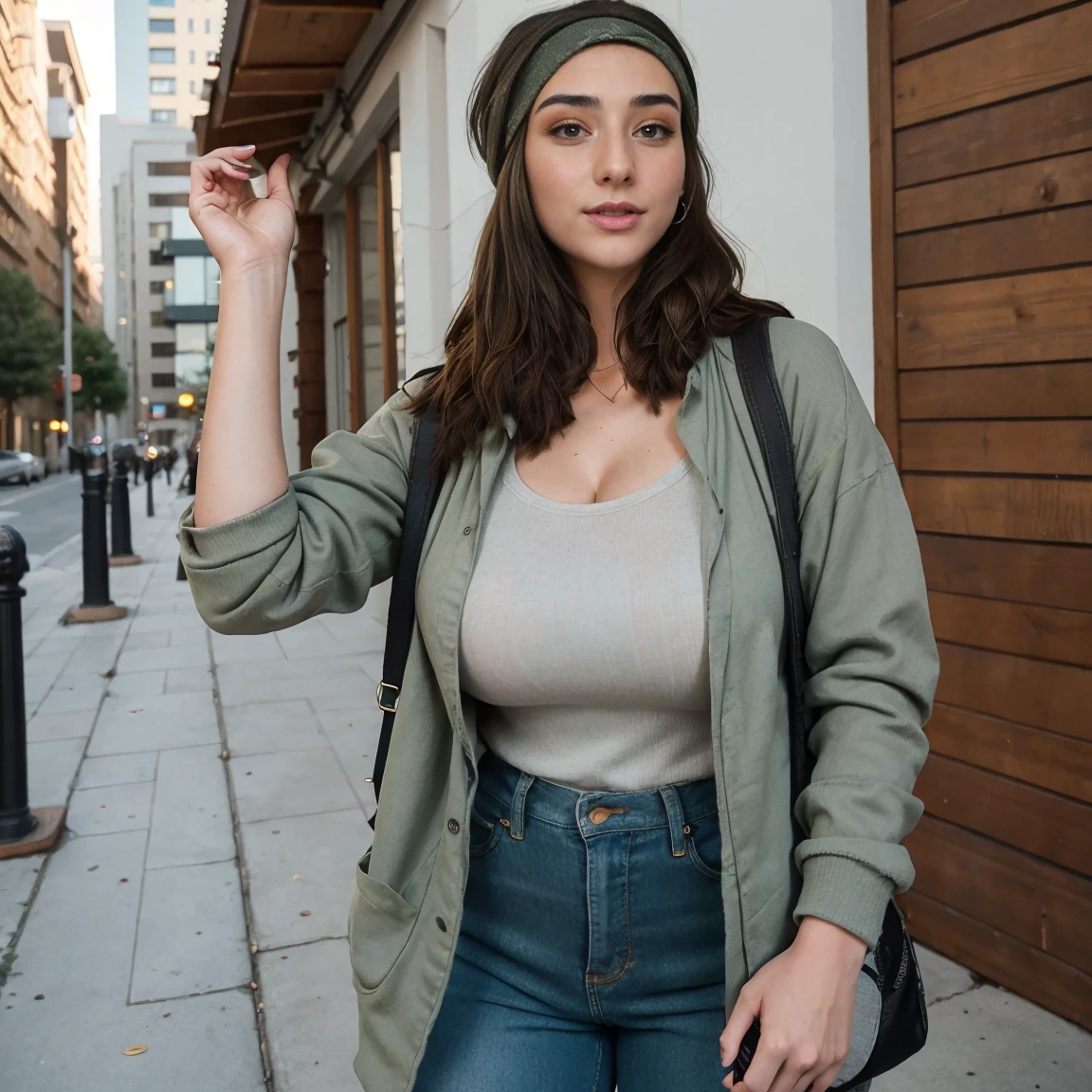 Extremely busty thin and toned brunette photographer, college girl, fair skin, loose single side sweep, soft face, athletic, bandana babushka headwrap, tight olive green casual windbreaker, skinny jeans. standing in front of her apartment building, outdoors, city, camera bag, cleavage 