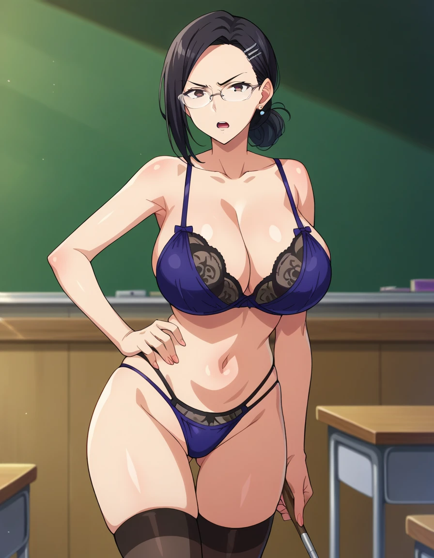 score_9, score_8_up, score_7_up, score_6_up, score_5_up, score_4_up, BREAK, source_anime, anime screencap, anime coloring, detailed face, a stiff-looking beautiful female teacher, detailed beautiful big brown eyes, huge breasts, 36 years old, milf, black hair, skinny, One length medium bob hair, asymmetry_bangs, forehead, hair behind ear, black hairpin, Wears glasses, black lace bra and thong, zettai ryouiki thighhighs, teaching in front of the blackboard, holding a indicator stick, hand on hip, angry, open mouth, classroom, thigh gap, many students