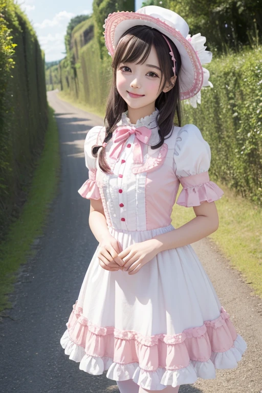 masterpiece、Highest quality、８ｋ、1 Girl、White skin、whole body、Beautiful thighs、Gospel Lolita Fashion、Pink outfit、grassland、On a very narrow and straight road、Looking into the distance、Cute Smile、Very cute face