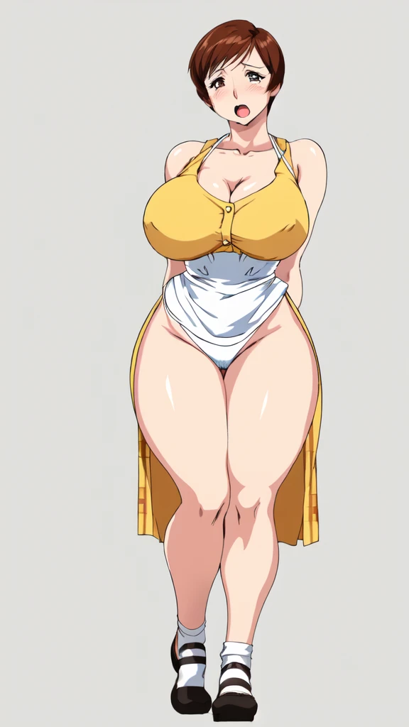 masterpiece, highest quality, High resolution, One girl, solo, sexual intercourse, Pornographic images, short hair, etsukoto, brown Eyes, fine grain, fine grain, (((Thick thighs, Plump thighs, Voluptuous thighs, Thighs alone are enough))), Huge and ample breasts, Cleavage, big long breasts, Naughty big,((big breasts are important))、((Naughty thighs)), L Cup, (thin:1.4),(Tight waist:1.4), (yellow micro dress:1.4), ((white waist apron)), anguish, open mouth, blush, white panties, (((Simple Background))), ((Wide Hips)), Shiny, Oily skin, Mature mother, Calf, Seductive mature woman, milf, Perfect body, Plus Size Model, curvy, ample, etsukoto, blush, clavicle, retro artstyle, 1990s (style), (thick thighs:1.4), Bare legs, ((arms behind back)), (from side:0.7), full body,