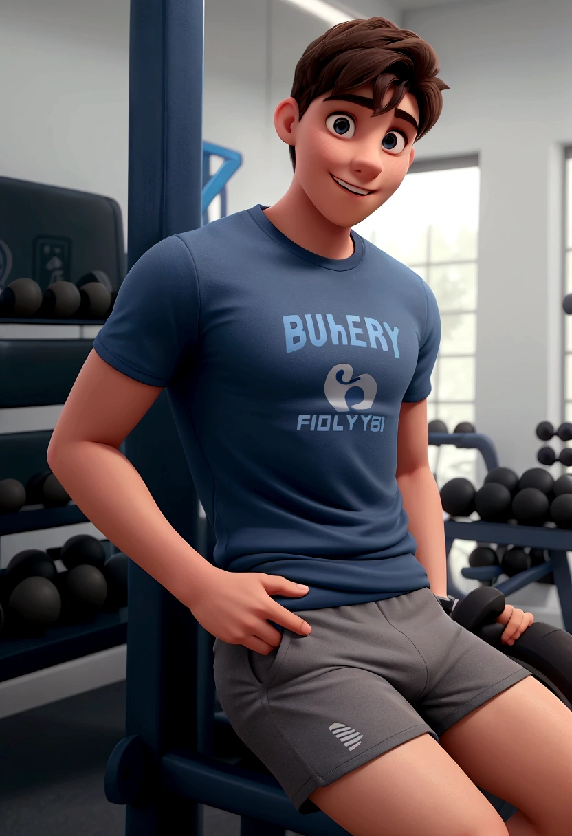 A young man, aged 18-23, wearing a blue gym shirt and grey shorts, black sports shoes, with a slim build, dark brown hair, and an excited expression.