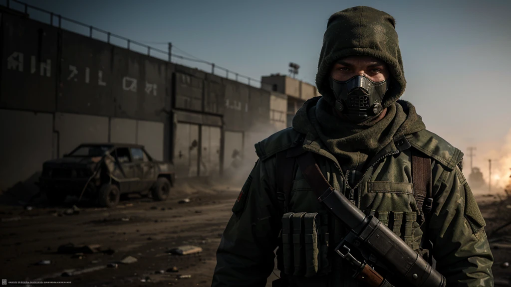 masked soldier, in a post-apocalyptic scenario, Russian soldier, Slavic appearance, lack of detail, hyperrealism, 8 k